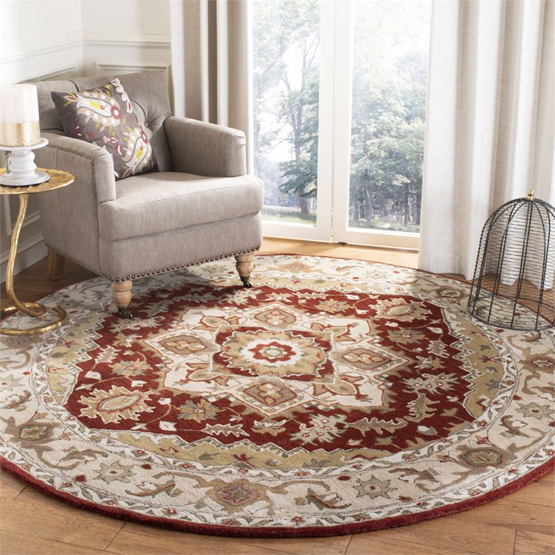 Safavieh Royalty 7' Round Hand Tufted Wool Rug in Red and Beige