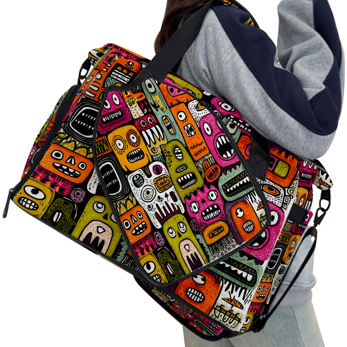 Large Gym Bag with Shoe Compartment, Water-Resistant Duffle Bag for Men and Women, Colorful Whimsical Cartoon Characters Sports Tote for Workout Travel