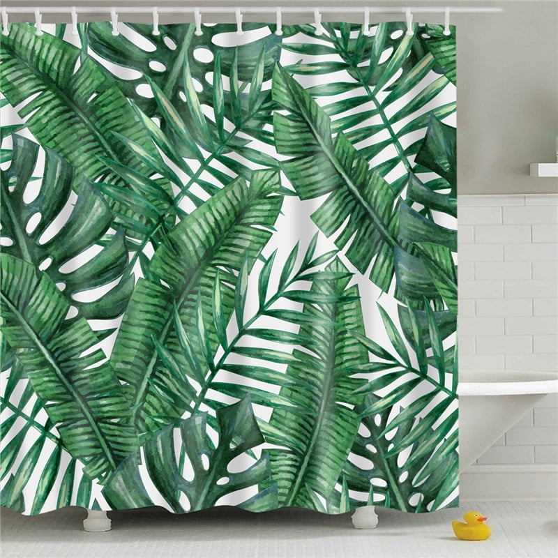 Green palm leaves Shower Curtain Waterproof Fabric with 12 Hooks for Bathroom 