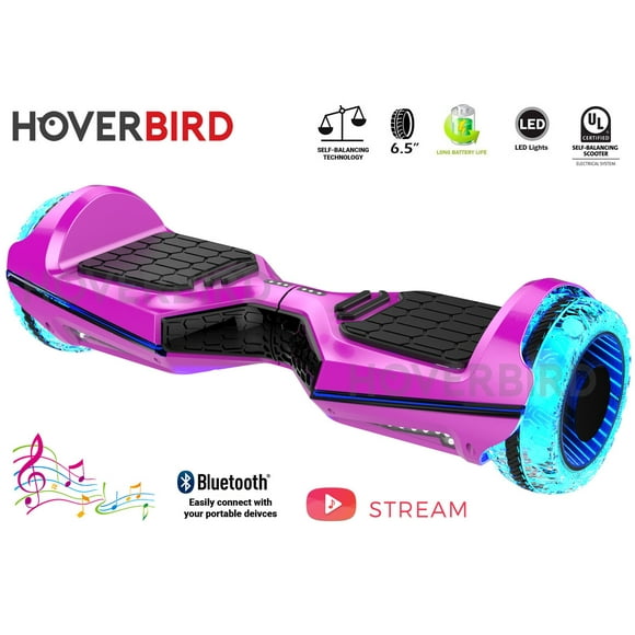 HOVERBIRD ES11 PRO 500W Hoverboard with 6.5” Tires - UL 2272 Certified with Bluetooth, LED WHEELS, APP, Auto-Balance, Front and Back lights - Chrome Pink