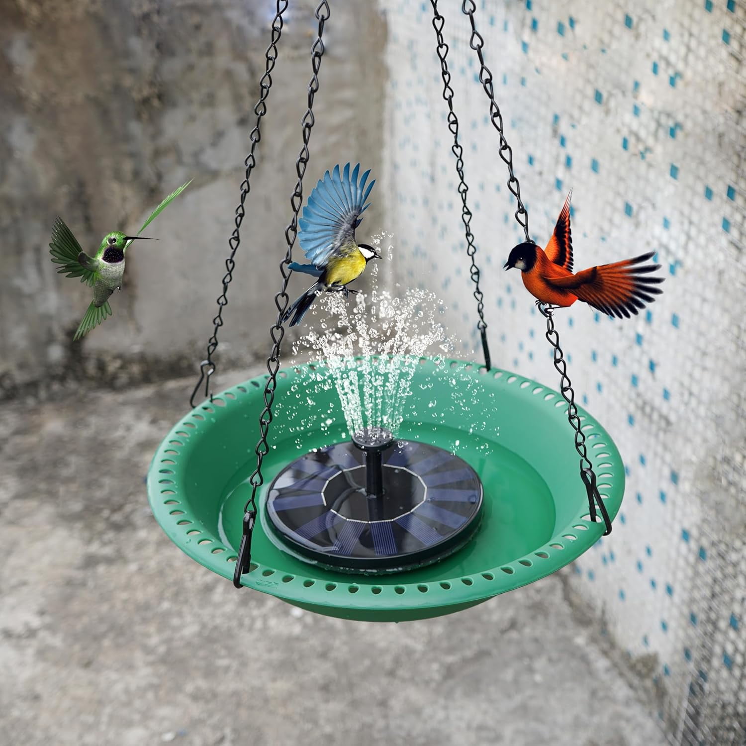 Sparklane - Bird Bath for Outside Heavy Duty, 14 inch BirdBath Bowl Only with 25” Rust-Proof Black Chains for Outdoor, Hanging Bird Bath Hanging Bird-Feeder for Garden Backyard Decor (Green 1 Pack)