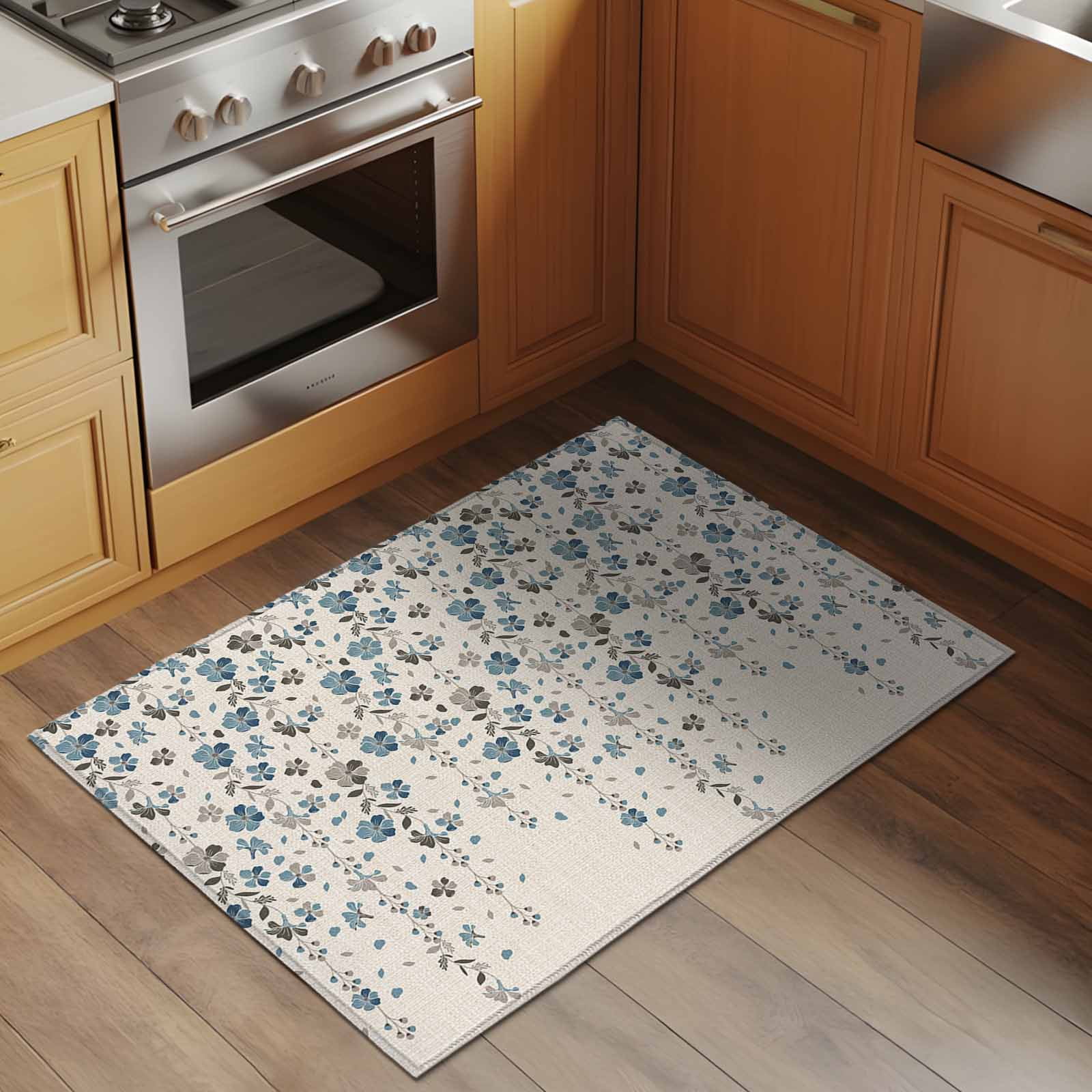 Weeping Flowers Bathroom Mat 2x3 FT, Non Slip Small Kitchen Mat, Blue Grey Spring Floral Botanical Rustic Burlap Washable Soft Backed Front Door Throw Rug Indoor Outdoor Doormat for Entryway Sink