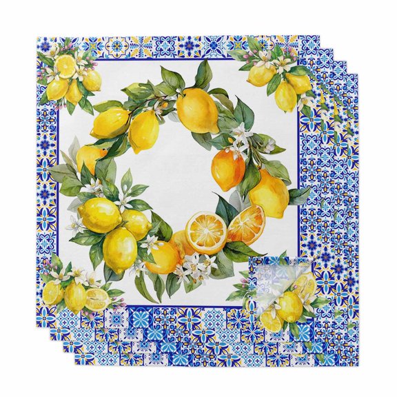 Summer Lemons Cloth Napkins, Modern Yellow Fruit Flower Blue Ethnic Plaid Washable and Reusable Dinner Napkins Set of 4, Table Napkin for Kitchen Party Birthday Wedding Hotel Housewarming 20"x20"