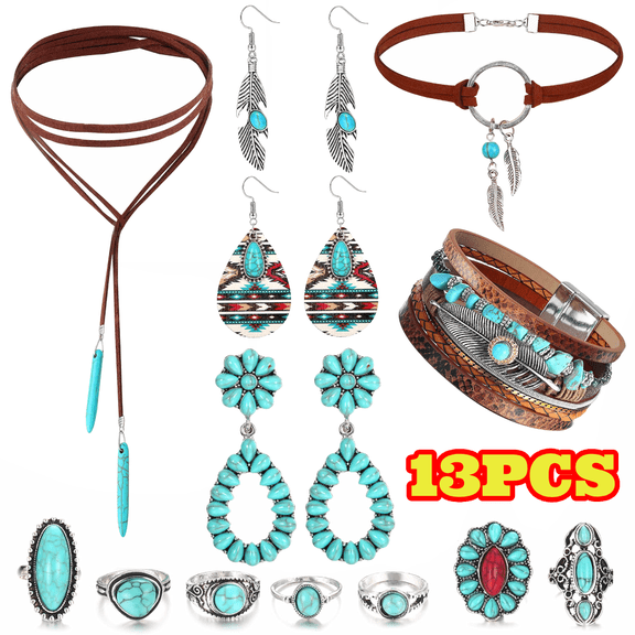 13pcs Western Jewelry Set for Women, Turquoise Faux Leather Cuff Bracelet, Pendant Choker Necklace, Dangle Earrings and Knuckle Rings