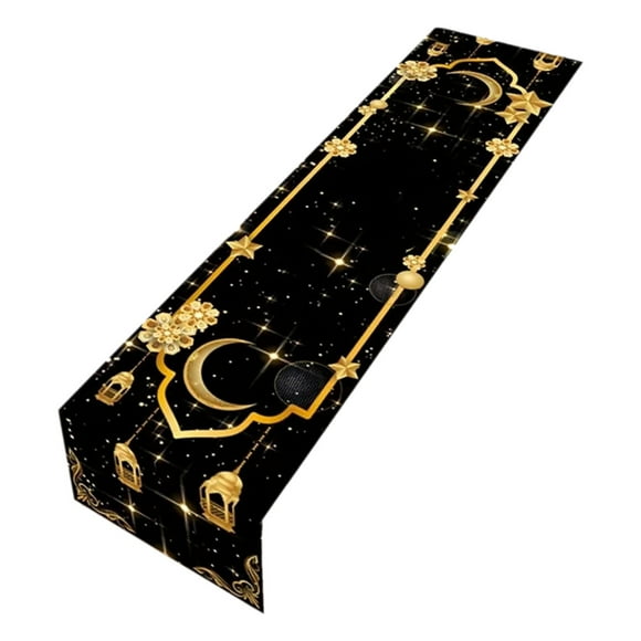 Eid Table Runner with Golden Moon and Decorative Banner for Home Kitchen Dining Holiday Dinner