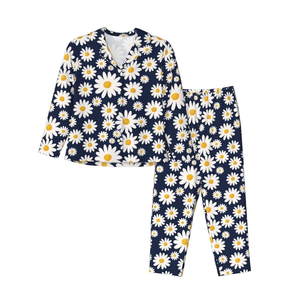 Balery Daisy Floral Conjunto de Pijama con Estampado para Mujer, Conjunto de Dos Piezas con Manga Larga, Ropa de Dormir Suave con Bolsillos, Pijamas Cómodos-Large