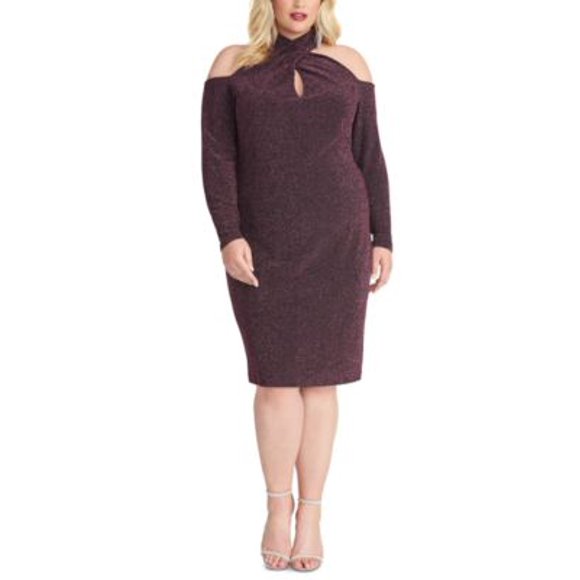 Rachel Roy Womens Purple Glitter Cold Shoulder Long Sleeve Halter Below the Knee Sheath Formal Dress Size 16W - All
