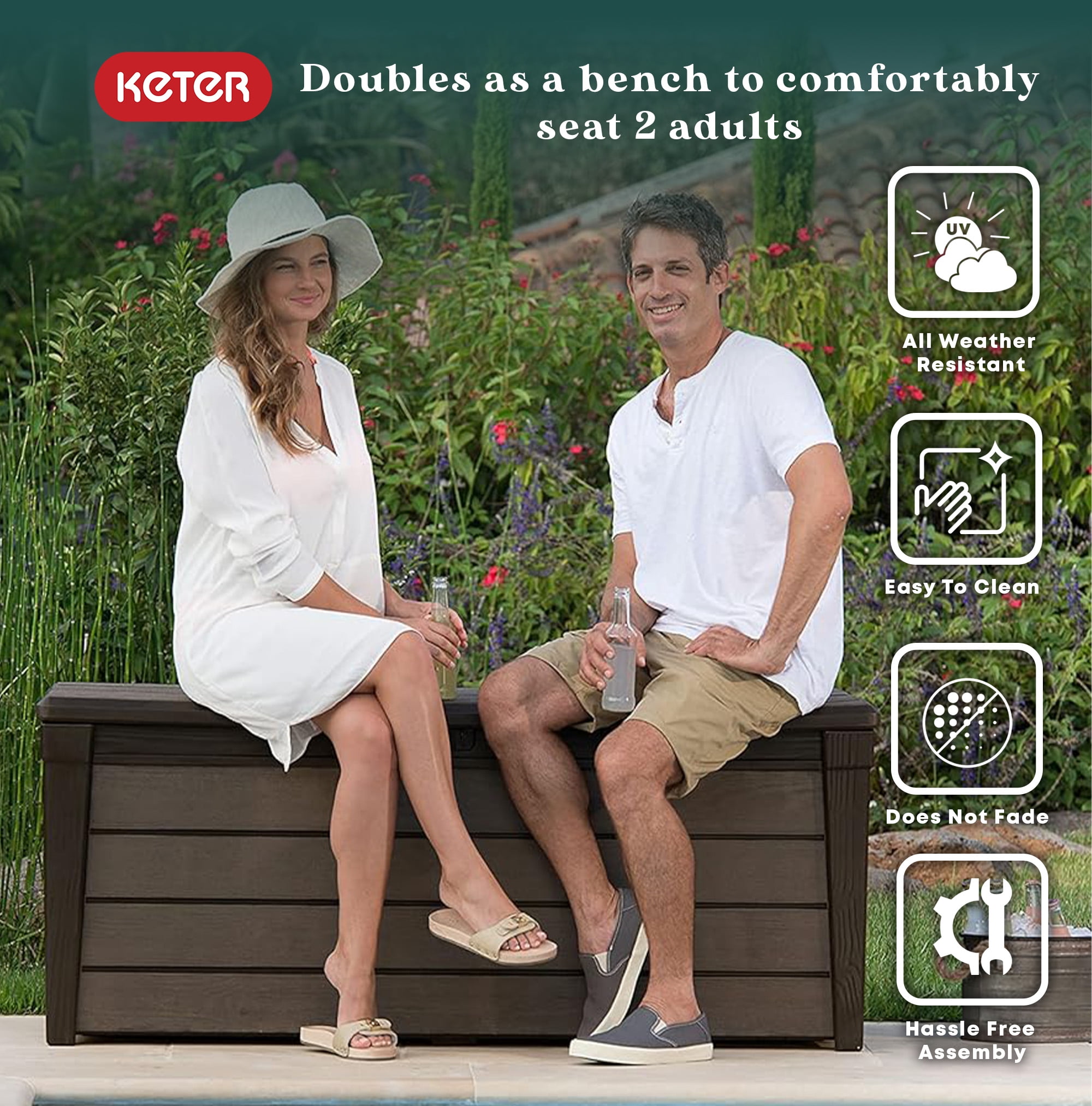 Keter Brushwood 120 Gallon Resin Outdoor Deck Box for Yard Tools, Brown