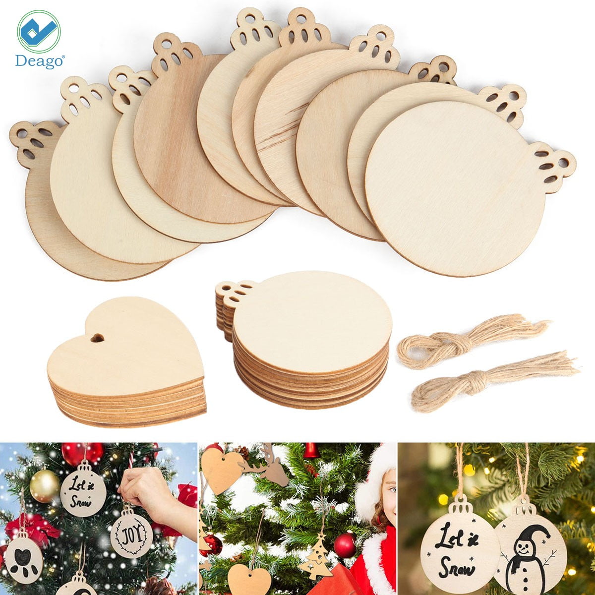 50x DIY Round Bauble Wood Slices Circles Unfinished Wooden Christmas Ornaments 
