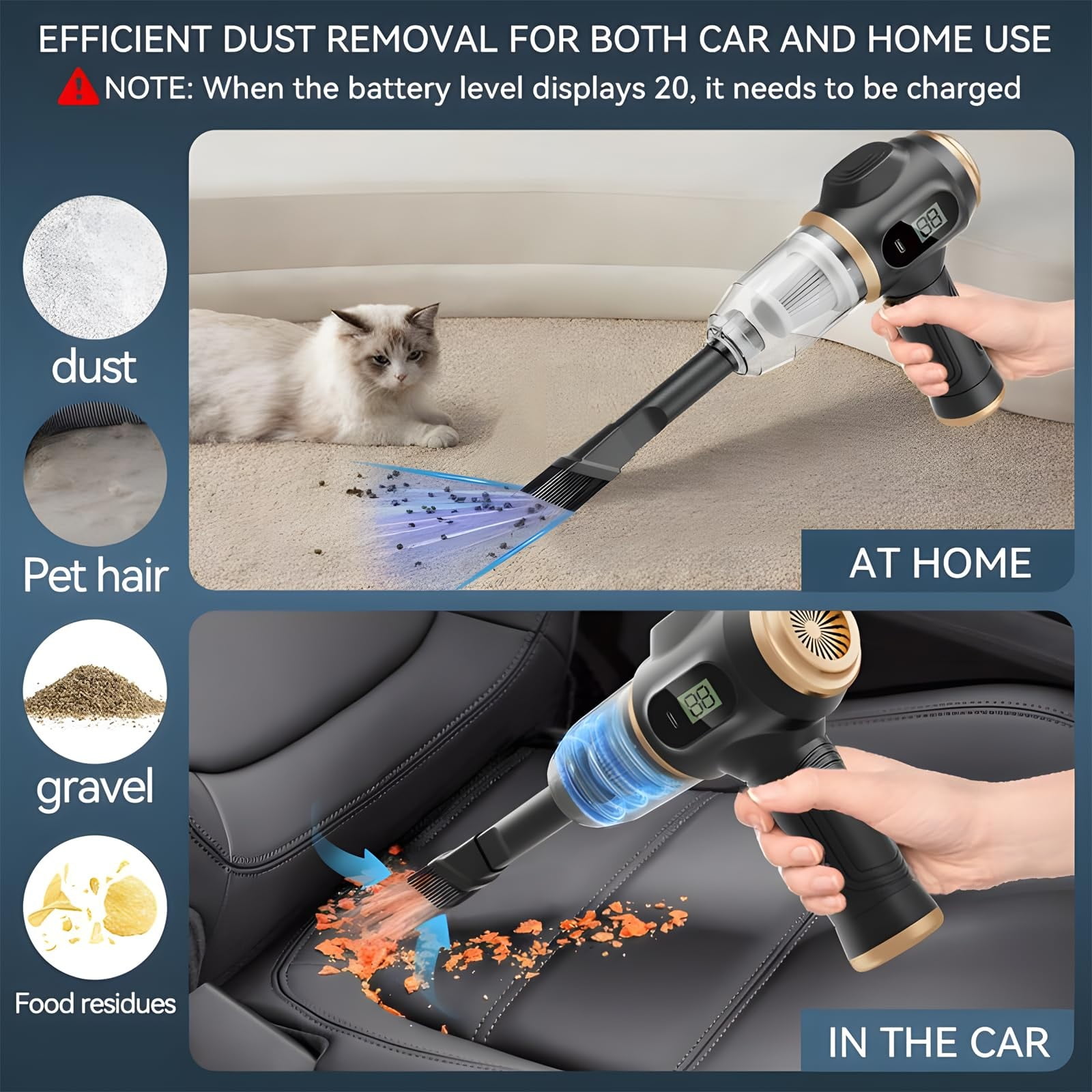 Cordless Handheld Vacuum Cleaner, Equipped with Portable Dust Cleaner, Vacuum Brush attachment, and Extra Accessories, Portable Car Vacuum Cordless Rechargeable for Wet and Dry
