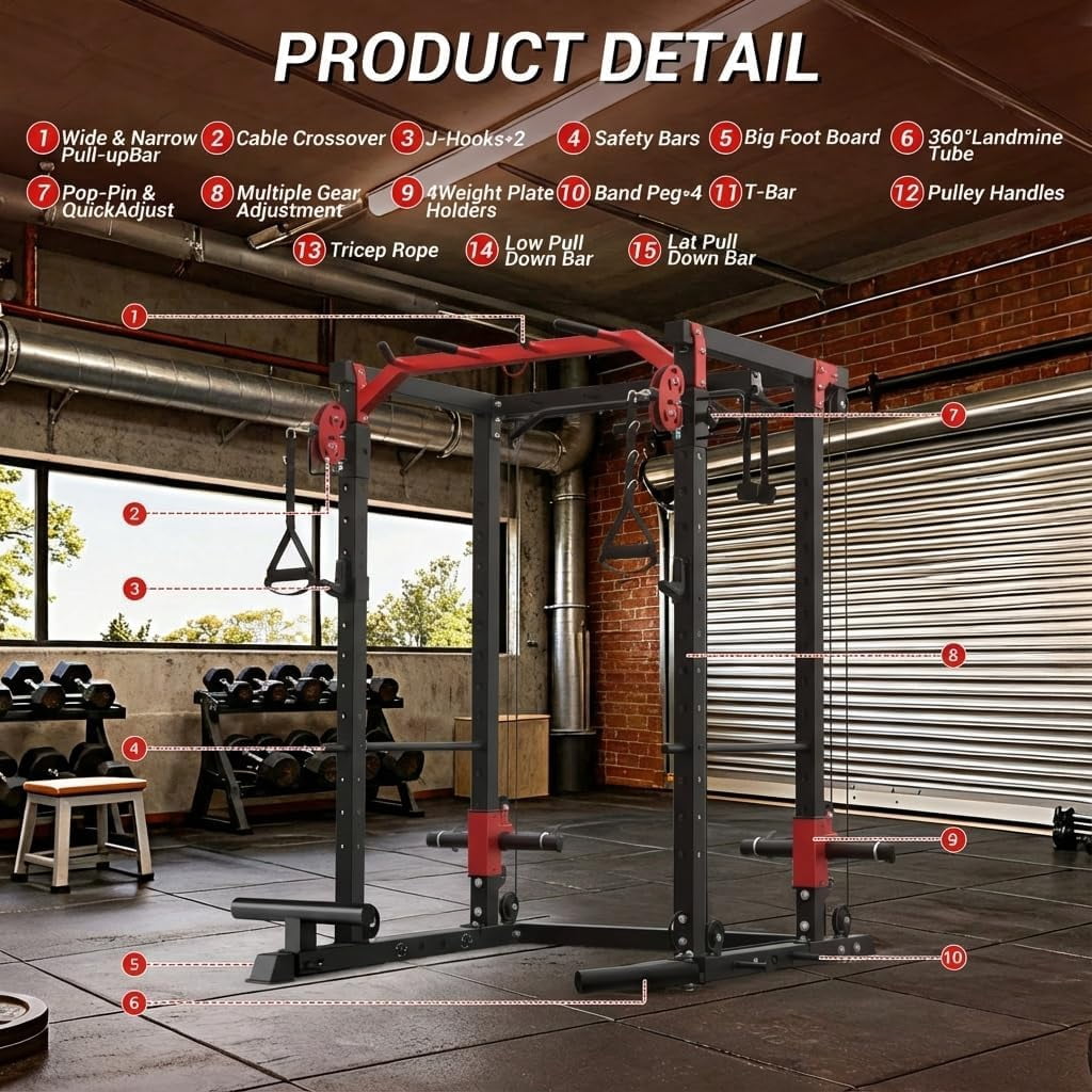 JoanKaren Power Rack Cage,2000lbs Capacity Weight Rack with Adjustable Cable Crossover Machine,Multi-Function Squat Rack with J Hooks,Dip Bars and Landmine,Balck&Red