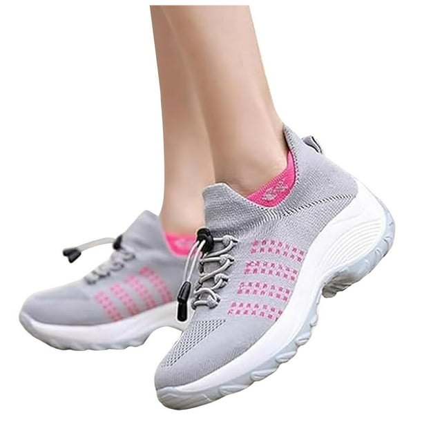 Leozcaa Women's Slip On Sneakers Arch Support Non Slip Breathable Mesh Lightweight Lace Up Walking Shoes