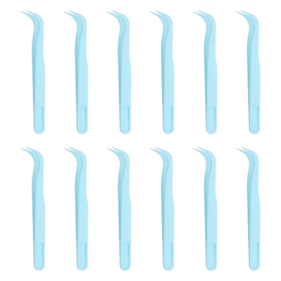 12 Pack Plastic Tweezers for Crafts, 4.5" Bent Tweezers Bulk for Animal Feeding, Disposable Stickers Tweezers (Blue)