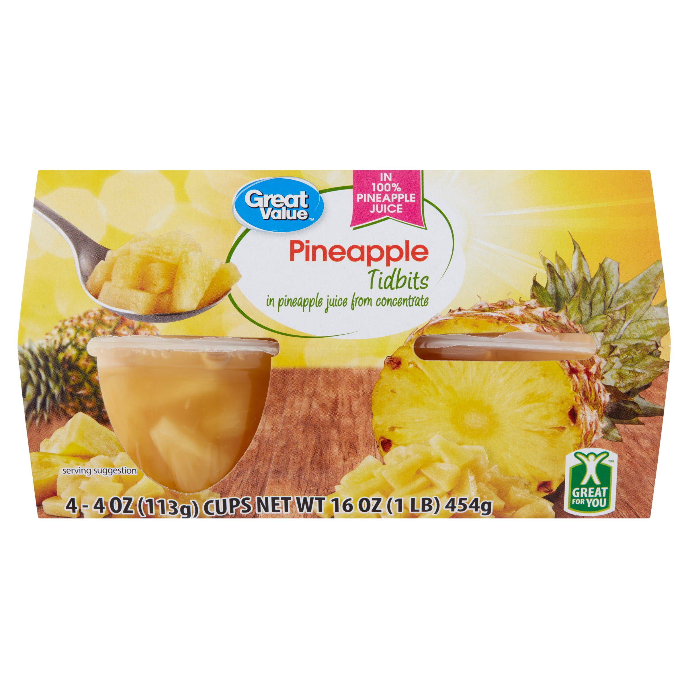 Great Value Pineapple Tidbits in 100% Pineapple Juice, 4 oz, 4 Ct