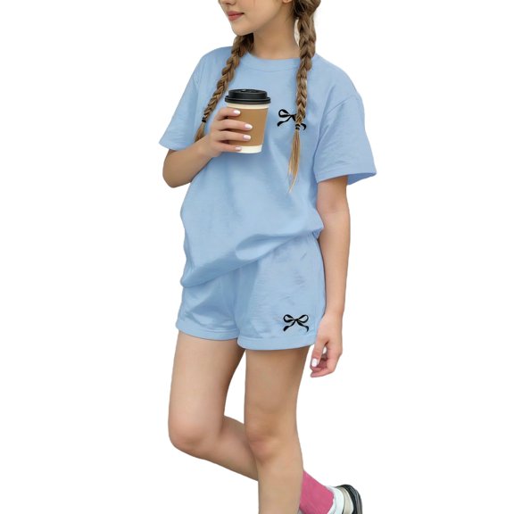 Girls 2-Piece Outfit Set, Short Sleeve T-Shirt & Elastic Waist Shorts with Bow Embroidery & Pocket, Soft Polyester Play Clothes, Blue,Size 11-12T