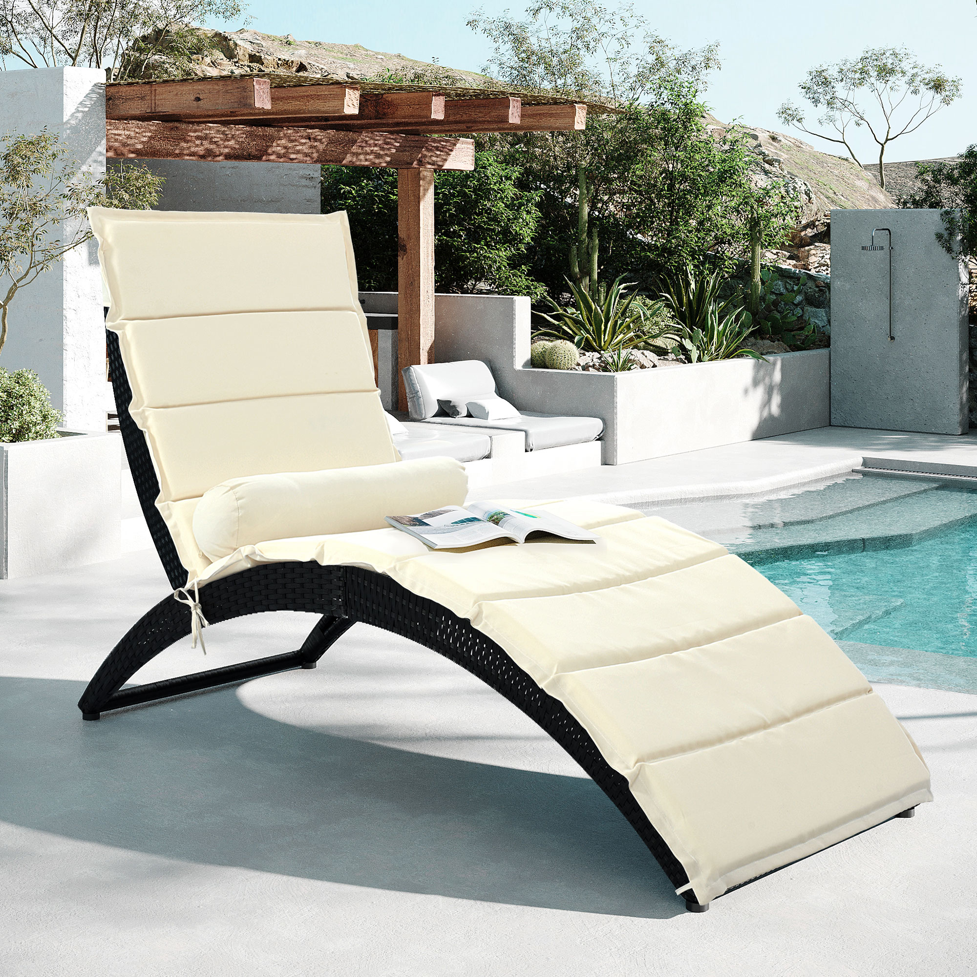 Patio Chaise Lounge, Removeble Reclining Camping Chair, PE Rattan Foldable Sun Recliner Chair with Seat Cushion, Poolside Garden Outdoor Chaise Lounge Chairs, JA1102 - image 1 of 8