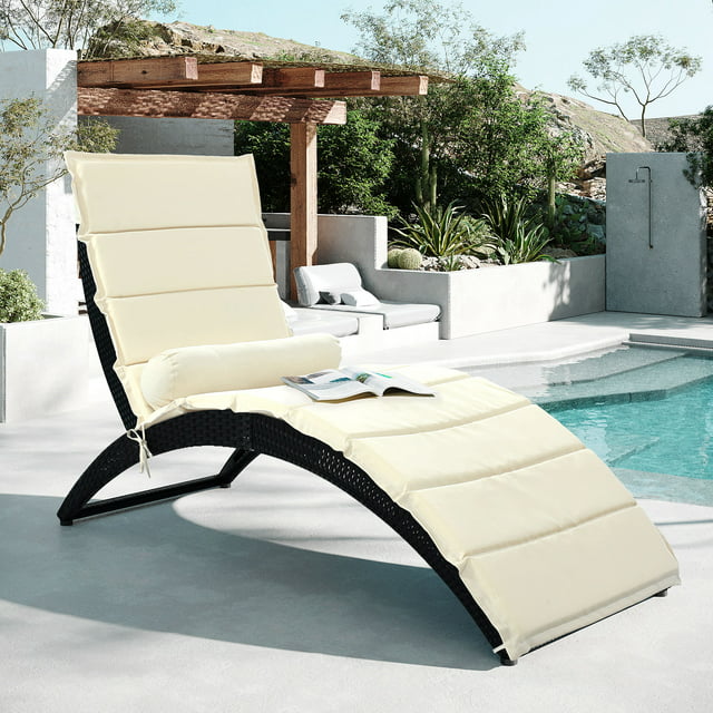 Patio Chaise Lounge, Removeble Reclining Camping Chair, PE Rattan Foldable Sun Recliner Chair with Seat Cushion, Poolside Garden Outdoor Chaise Lounge Chairs, JA1102