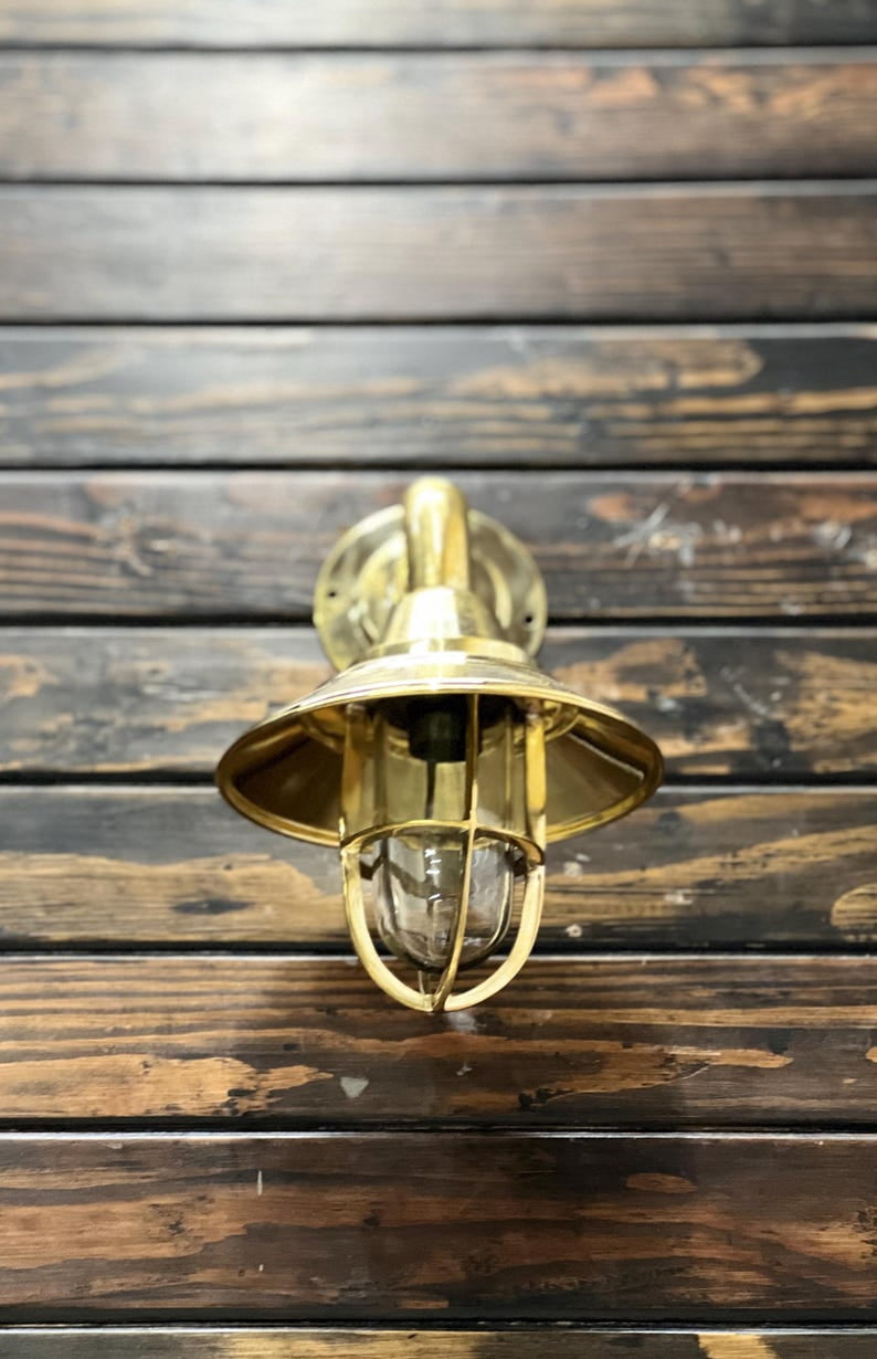 Vintage Brass Nautical Wall Light with Shade – Outdoor/Indoor Sconce with Cage and Glass Cover