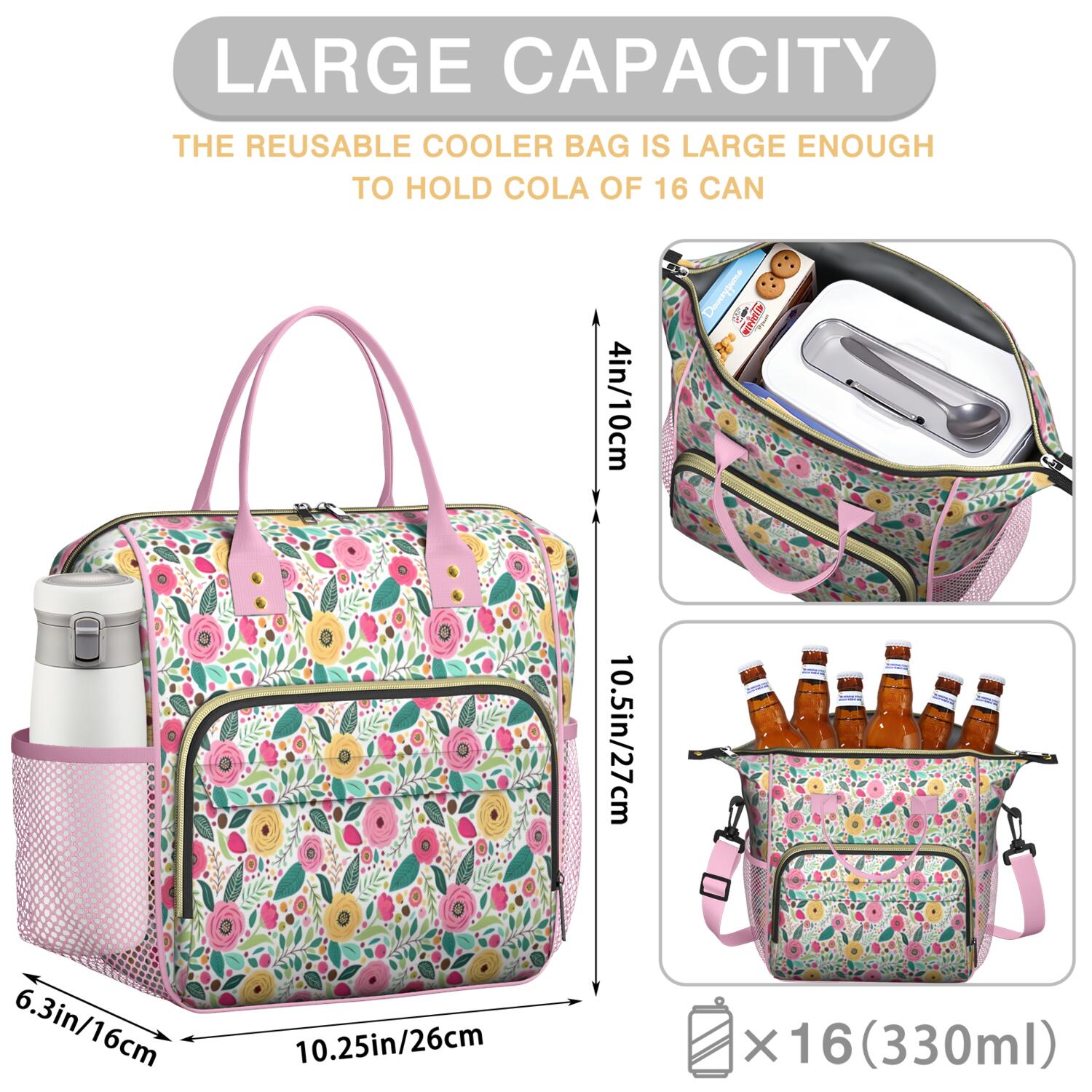 Pioneer Flower Floral Print Pattern Womens Lunch Box for Work,Insulated Large Lunch Bag for Tween and Teen,Loncheras Para Mujer,Leakproof Adult Lunch Bag for Work,Beach,Travel,Picnic,Camping