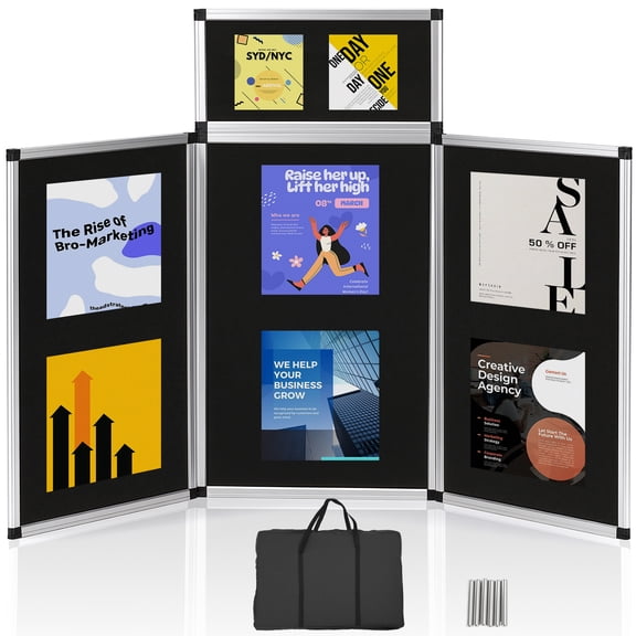 Fnova 3 1 Panel Tabletop Display Presentation Board, 71" x 35" Folding Panel Exhibition Board Double Side, Black Hook & Loop-Receptive Fabric with Bag