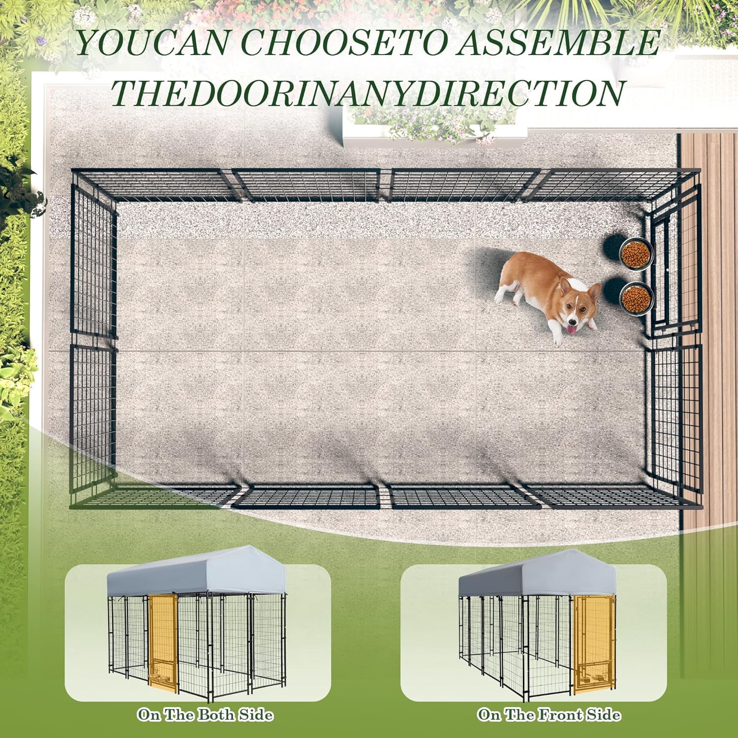 Haverchair 8x4x6 FT Outdoor Dog Kennel with Roof, Heavy Duty Dog Cage for Large Dogs, Outside Dog Enclosure with 2 Rotating Dog Bowls, Welded Wire Steel Dog Run Playpen Fence with Secure Lock