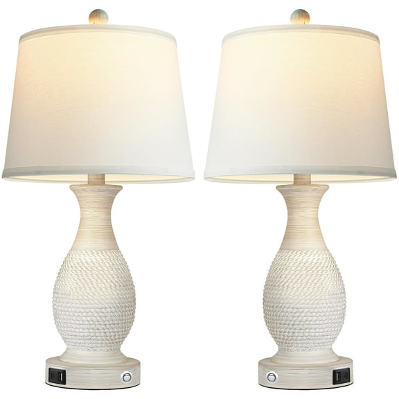 Set of 2 table lamps with USB C A fast charging ports, 26-inch high rustic style living room lamp, white fabric lampshade with three-level dimming function, suitable for living room, bedroom and home