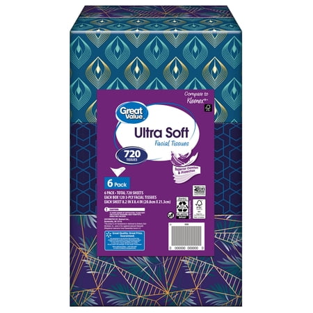 Great Value Ultra Soft 3-Ply Flat Box Facial Tissues (Choose Your Count)