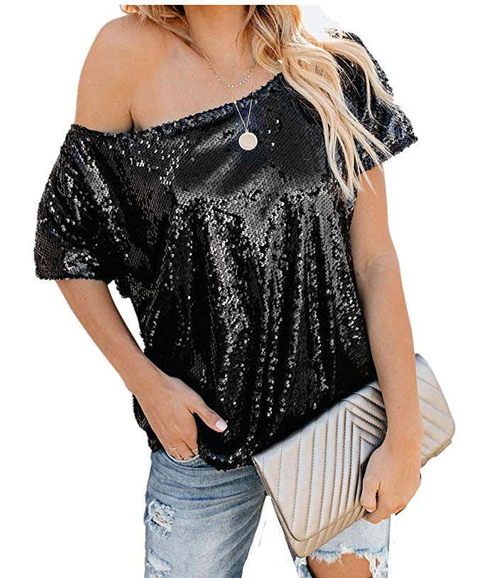 Pink Queen - Womens Off One Shoulder Sequined Tops Sparkle Glitter ...