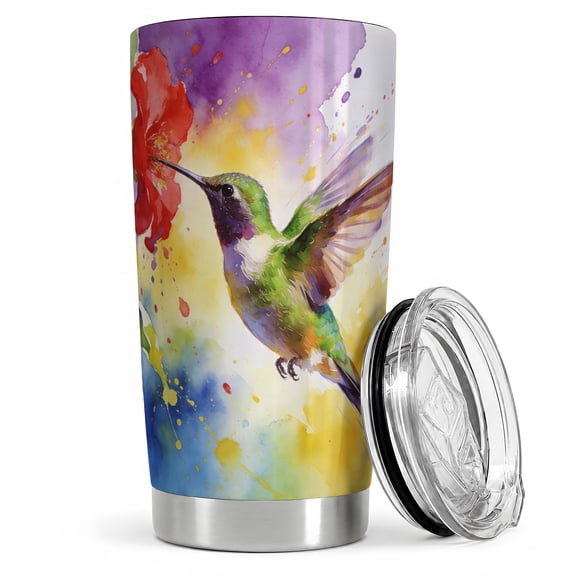 Hummingbird Red Flower 20oz Tumbler, Hummingbird Tumbler, Drinkware for Home Office Travel, Flying Green Bird Feeding at Bloom, Watercolor Color Splash Nature Cup, Bird Lovers Women