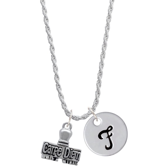 Delight Jewelry Silvertone 3-D ''Carpe Diem'' Stamp Silvertone Script Initial Disc - F - Charm Necklace, 20"+3"