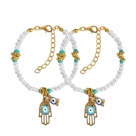 Accent Love Charm (Evil Eye Protection Love Couples Amulets Set Hamsa Hand Simulated Pearls Accent Gold-Tone Charm)