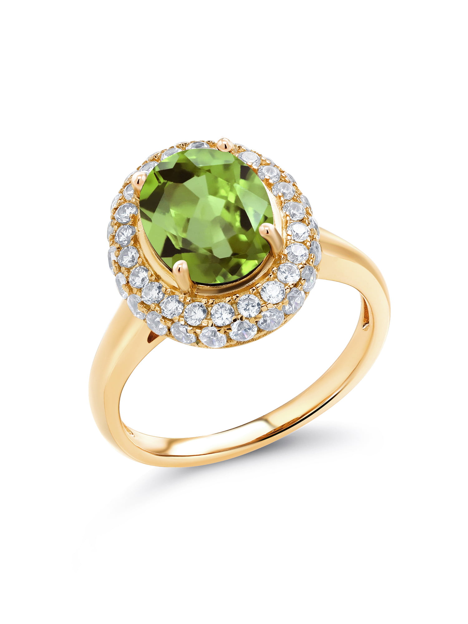 2.35 Ct Round Green VS Peridot 18K Yellow Gold Plated Silver 3-Stone Ring