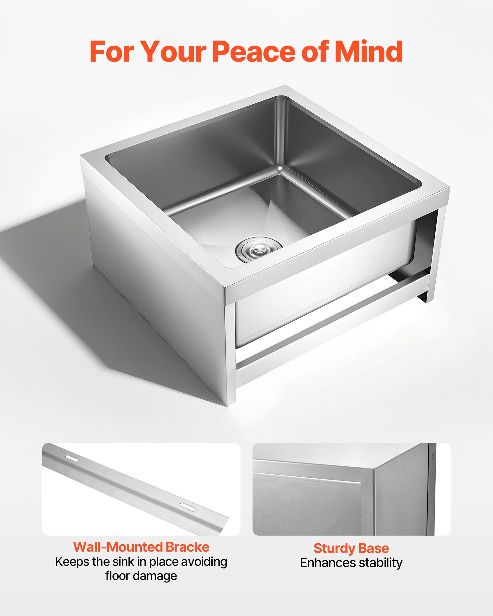 VEVOR Stainless Steel Floor Mop Sink, 24 x 24 x 13 in, 304 Stainless Steel, with 3-in-1 Filter and Wall-Mounted Bracket, X-Shaped Groove for Quick and Smooth Drainage, for Balcony and Bathroom