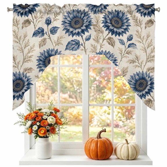 Navy Blue Sunflowers Swag Valances for Windows, Small Curtains Drapes, Vintage Botanical Flowers Aesthetic Kitchen Window Curtains Over Sink Window Treatment Valance for Bedroom/Bathroom 56"x36"