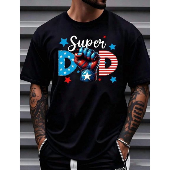 1pc Man S' Super Dad Fist Graphic Print Black TShirt Crew Neck Casual Cotton Tee Medium Stretch Knit Fabric Regular Fit For Boys Man Ideal For //