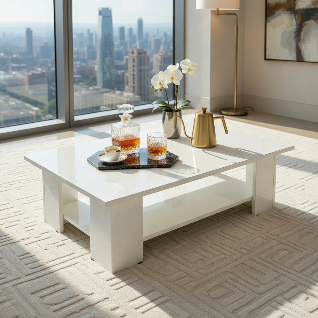 Demi Bonn 36" Wooden Coffee Table, Large 2-tier Modern Side Table with Storage Shelf for Living Room, Reception Room, White