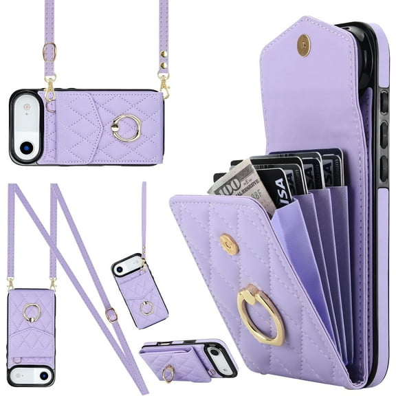 MYKOMI Crossbody Case for iPhone 17 Air with Card Holder, PU Leather with Wallet Removable Lanyard Wrist Strap Kickstand Cover for Women Girls Case for iPhone Air
