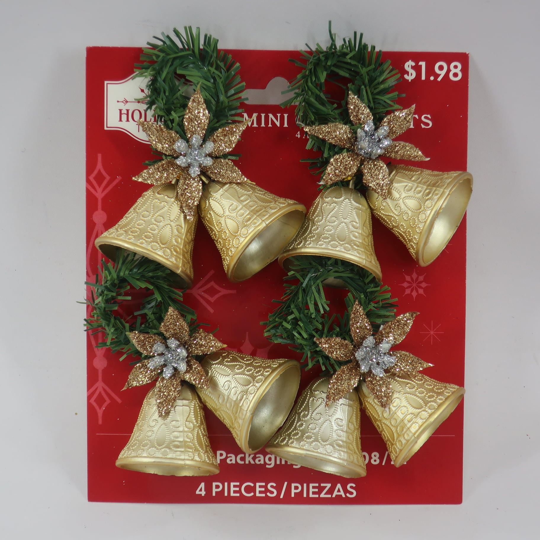 Holiday Time Matte Gold Double Bell with Glitter Poinsettia Christmas Mini Ornaments, 4 Count