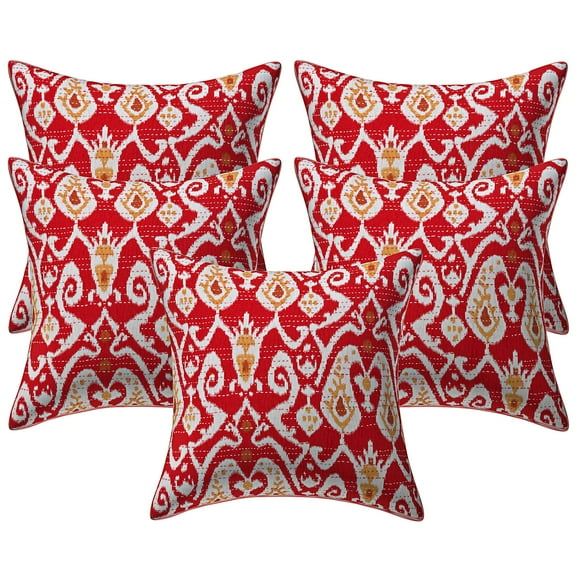 Stylo Culture Indian Decorative Throw Pillow Covers 16 x 16 Kantha Red Printed 40 x 40 cm Bedroom Decor Pillowcase Cotton Ikat Square Cushion Covers | Set Of 5