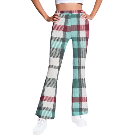 Ugoldhm Girls Plaid Flare Pants - Bell Bottom Fleece Lined Trousers Winter Warm Pants for 5-16Y