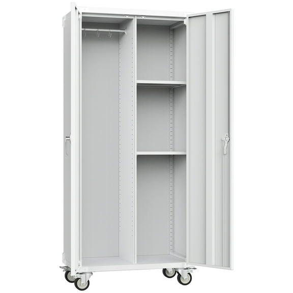 MCQ Metal Broom Storage Cabinet with Lock, Rolling Cleaning Tool Organizer for Mop, Dustpan, Garage, Laundry Room, 4 Lockable Casters, Easy Assembly