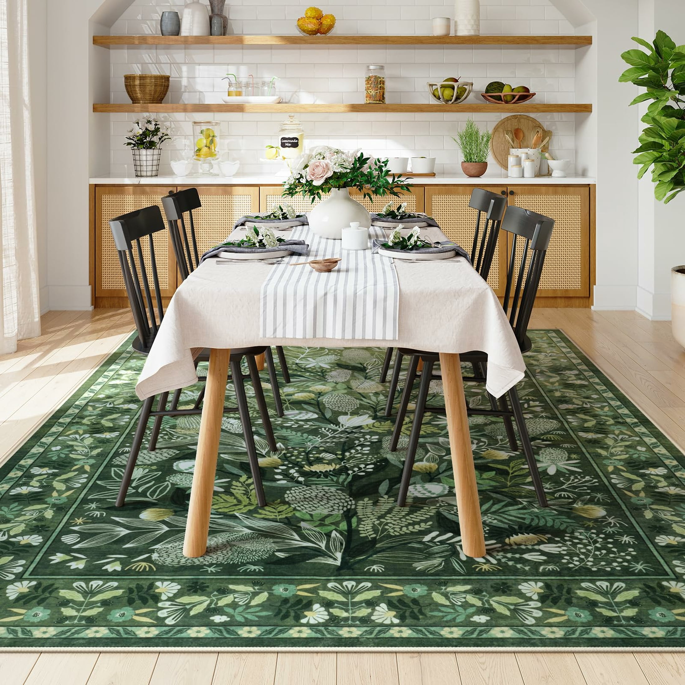 Moynesa Green Large Area Rugs 8'x10', Botanical Floral Washable Rug for Living Room, Soft Rugs for Bedroom Non-Slip Ultra-Thin Modern Rug Dining Room Accent Carpet for Dorm Apartment