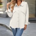 thumbnail image 6 of Women's Fringed Hem Denim Jacket, Lapel Button Front Long Sleeve Oversized Jean Shacket with Chest Pockets Casual Outerwear White-AB M(M), 6 of 8