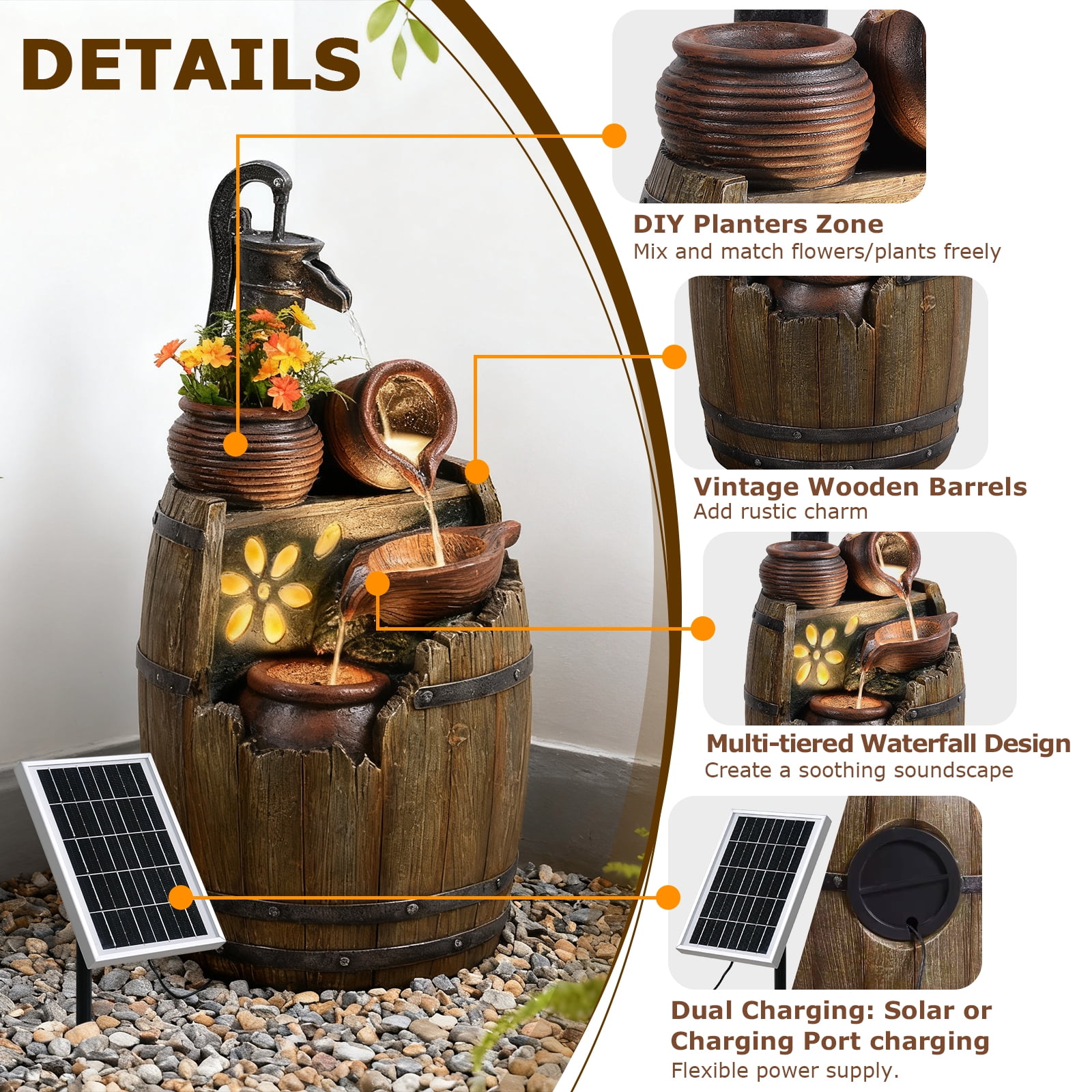 Solar Water Fountain Outdoor Rustic Pump and Barrel,4 Tiered Cascading Bowl Solar Powered Water Fall Fountains Outside Feature with LED Lights for Garden, Patio, Porch, Backyard Decor