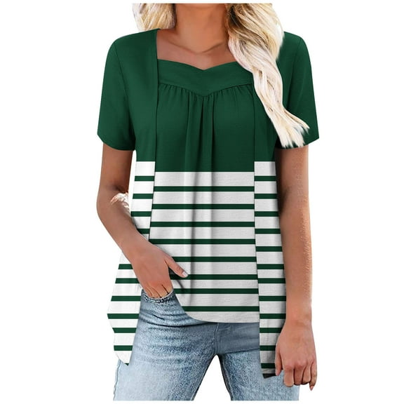 Fmbrln Womens Summer Short Sleeve T-Shirts Fashion V Neck Stripe Print Tops Casual Loose Long Hem False Two Piece Tees