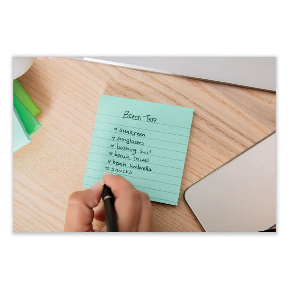 100% recycled paper super sticky notes, ruled, 4" x 4", oasis, 70 sheets/pad, 3 pads/pack | Bundle of 2 Packs