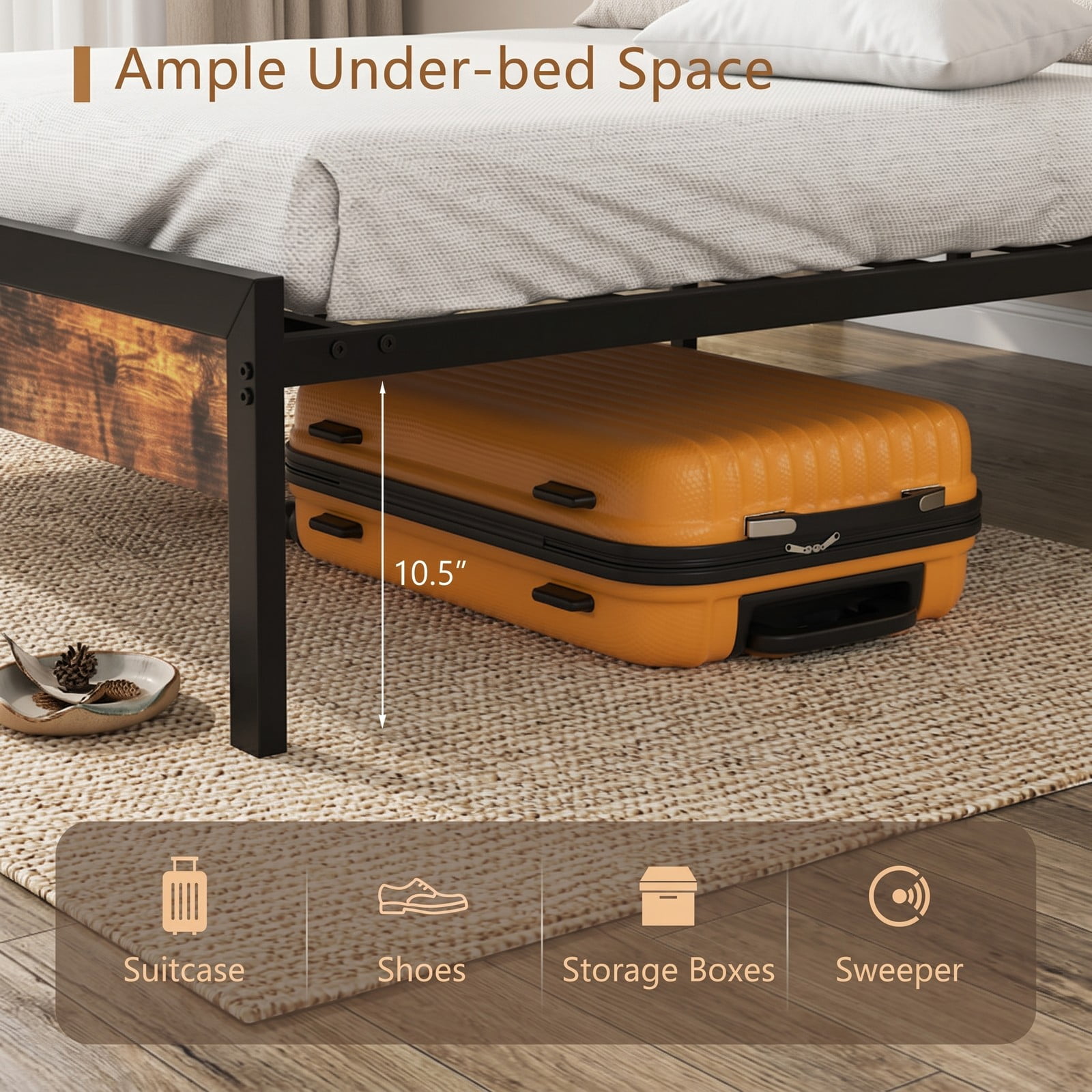 Furnibear Queen Bed Frame with Storage Headboard, Charging Station and USB Ports, Metal Platform Bed, No Box Spring Needed, Rustic Brown and Black