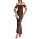 thumbnail image 2 of Vestido Maxi con Hombros Descubiertos, Corsé Fruncido, Ajustado, Vestidos Formales para Invitadas de Boda para Mujeres Marrón L, 2 of 8