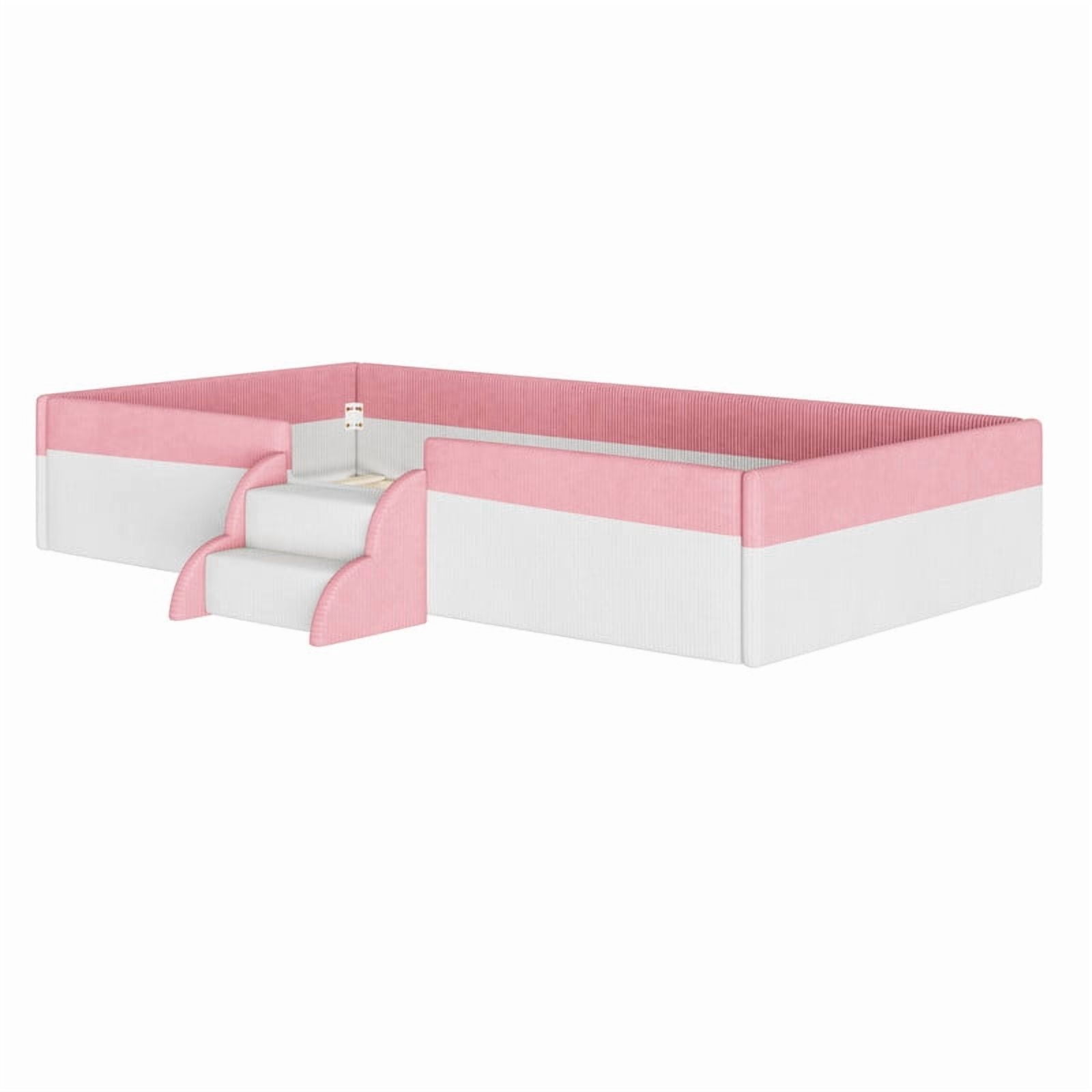 Twin Size Upholstered Floor Bed with Fence, 2-Tier Steps and Smart LED Lights, Corduroy Toddler Bed Platform Bed Frame with Guardrails and Wood Slats