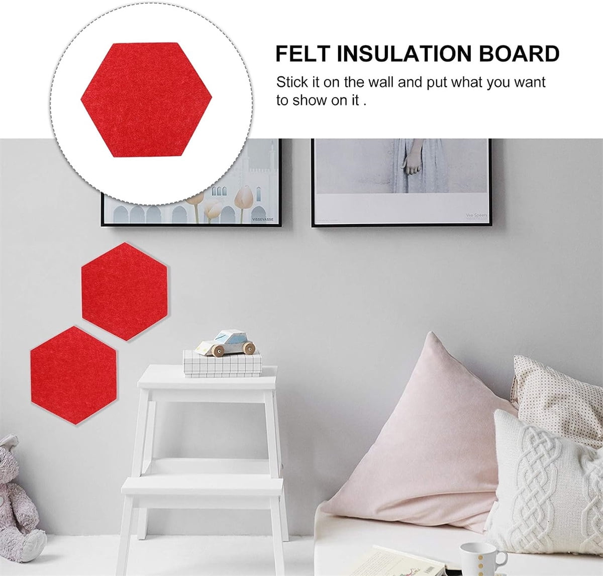Bexikou 6 Pcs Felt Hexagon Wood Bulletin Board for Walls with 200 Pushpins,Lightweight Self Adhesive Felt Pin Cork Board Tiles for Display Paste Notes Photos Memos Wall Office Decor,Red